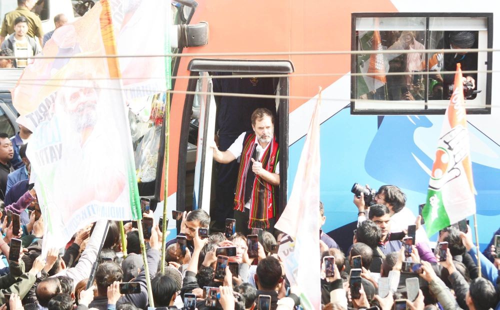 Congress leader Rahul Gandhi address from his custom made bus during the Bharat Jodo Nyay Yatra in Kohima on January 16. Photo by Caisii Mao